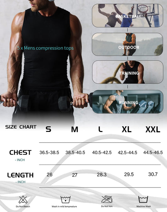 TELALEO 5 Pack Men's Athletic Compression Shirts Sleeveless Workout Tank Top Sports Base Layer Running Basketball L