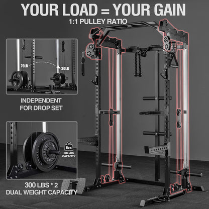 Mikolo Power Cage, 2000LB Power Rack with Independent Dual Pulley System, Multi-Function Home Gym Workout Machine for Cable Crossover (Black)