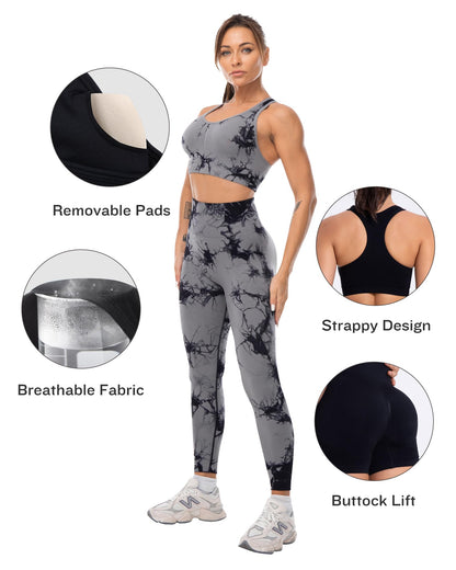 SALSPOR 3 Piece Workout Sets for Women Butt Lifting Leggings with High Impact Sports Bra Gym Shorts Activewear Matching Set(3DWX-Tie Dye Black-S)