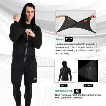 MEETYOO 5Pcs Men's Compression Sets Pants Long Sleeve Shirt Athletic Shorts Running Jacket Short Sleeve t-Shirts