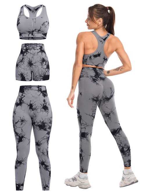SALSPOR 3 Piece Workout Sets for Women Butt Lifting Leggings with High Impact Sports Bra Gym Shorts Activewear Matching Set(3DWX-Tie Dye Black-S)