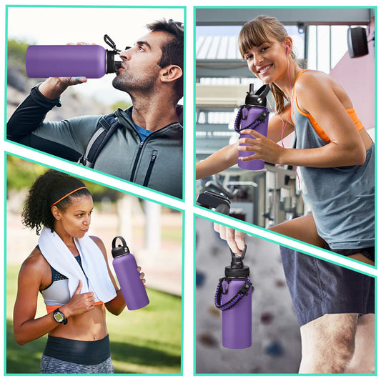 DIGJUPER 32 oz Water Bottles with Straw & Spout Lid, Paracord Handle & Strap, Double Wall Insulated Flask Water Bottle, Reusable Wide Mouth Gym Water Bottles for Women and Men for Fitness Sports