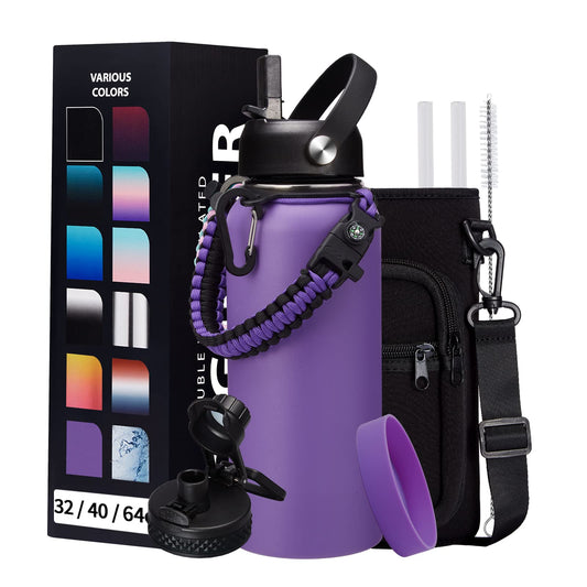 DIGJUPER 32 oz Water Bottles with Straw & Spout Lid, Paracord Handle & Strap, Double Wall Insulated Flask Water Bottle, Reusable Wide Mouth Gym Water Bottles for Women and Men for Fitness Sports