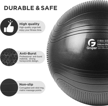 Gruper Yoga Ball, 55-75cm Extra Thick Exercise Ball for Workout Fitness Balance, Anti Burst Chair for Home and Office Desk,Includes Hand Pump & Workout Guide Access (Black, 22 inch (55cm),M)
