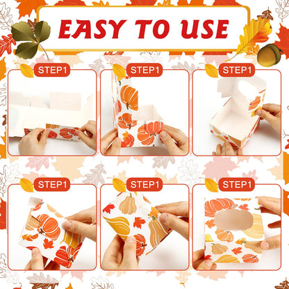 Dispowreath 24 Pcs Fall Treat Boxes with Window Yellow Maple Leaf Pumpkin Printed Candy Cookie Boxes Paper Gift Container Autumn Party Favor Boxes for Fall Thanksgiving Cookie Goodie Candy Party