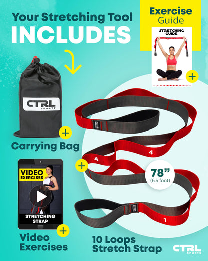 Stretching Strap with Loops - Non Elastic Stretch Band for Physical Therapy, Yoga Strap for Stretching Equipment, Stretch Bands for Exercise and Flexibility - Fascia, Hamstring and Leg Stretcher Belt