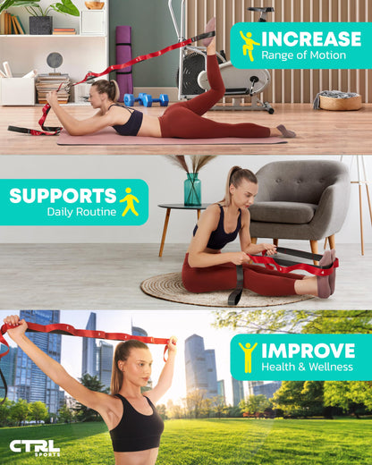 Stretching Strap with Loops - Non Elastic Stretch Band for Physical Therapy, Yoga Strap for Stretching Equipment, Stretch Bands for Exercise and Flexibility - Fascia, Hamstring and Leg Stretcher Belt