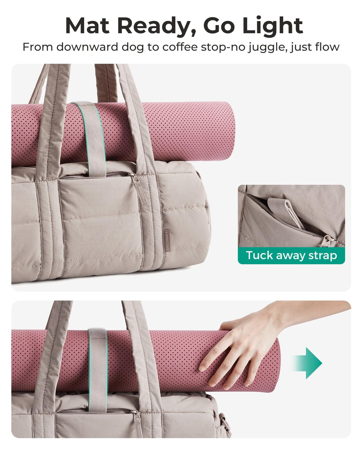 BAGSMART Reiki Gym Bag for Women, Yoga Mat Duffle Bag with Wet & Dry Pocket, Quilted Sports Bag for Weekend/Swimming, Candy Pink