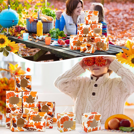Dispowreath 24 Pcs Fall Treat Boxes with Window Yellow Maple Leaf Pumpkin Printed Candy Cookie Boxes Paper Gift Container Autumn Party Favor Boxes for Fall Thanksgiving Cookie Goodie Candy Party