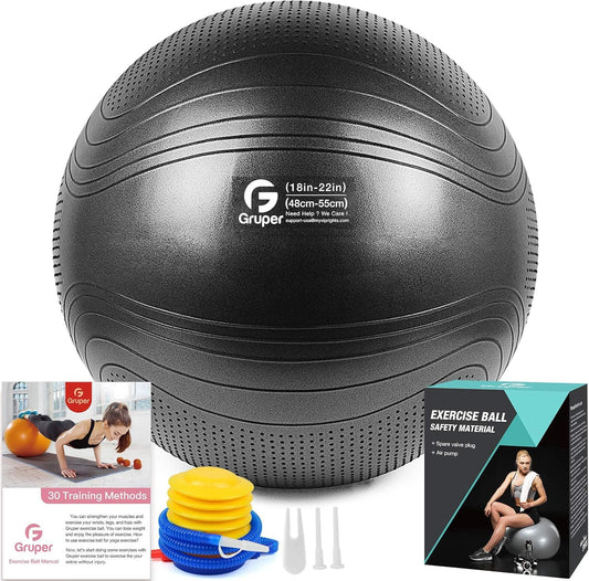 Gruper Yoga Ball, 55-75cm Extra Thick Exercise Ball for Workout Fitness Balance, Anti Burst Chair for Home and Office Desk,Includes Hand Pump & Workout Guide Access (Black, 22 inch (55cm),M)