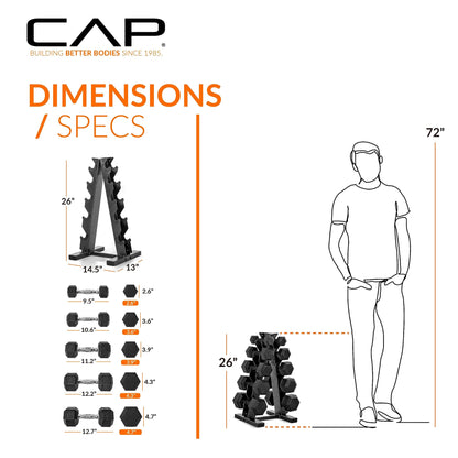 CAP Barbell 150 LB Coated Hex Dumbbell Weight Set with Vertical Rack, Black
